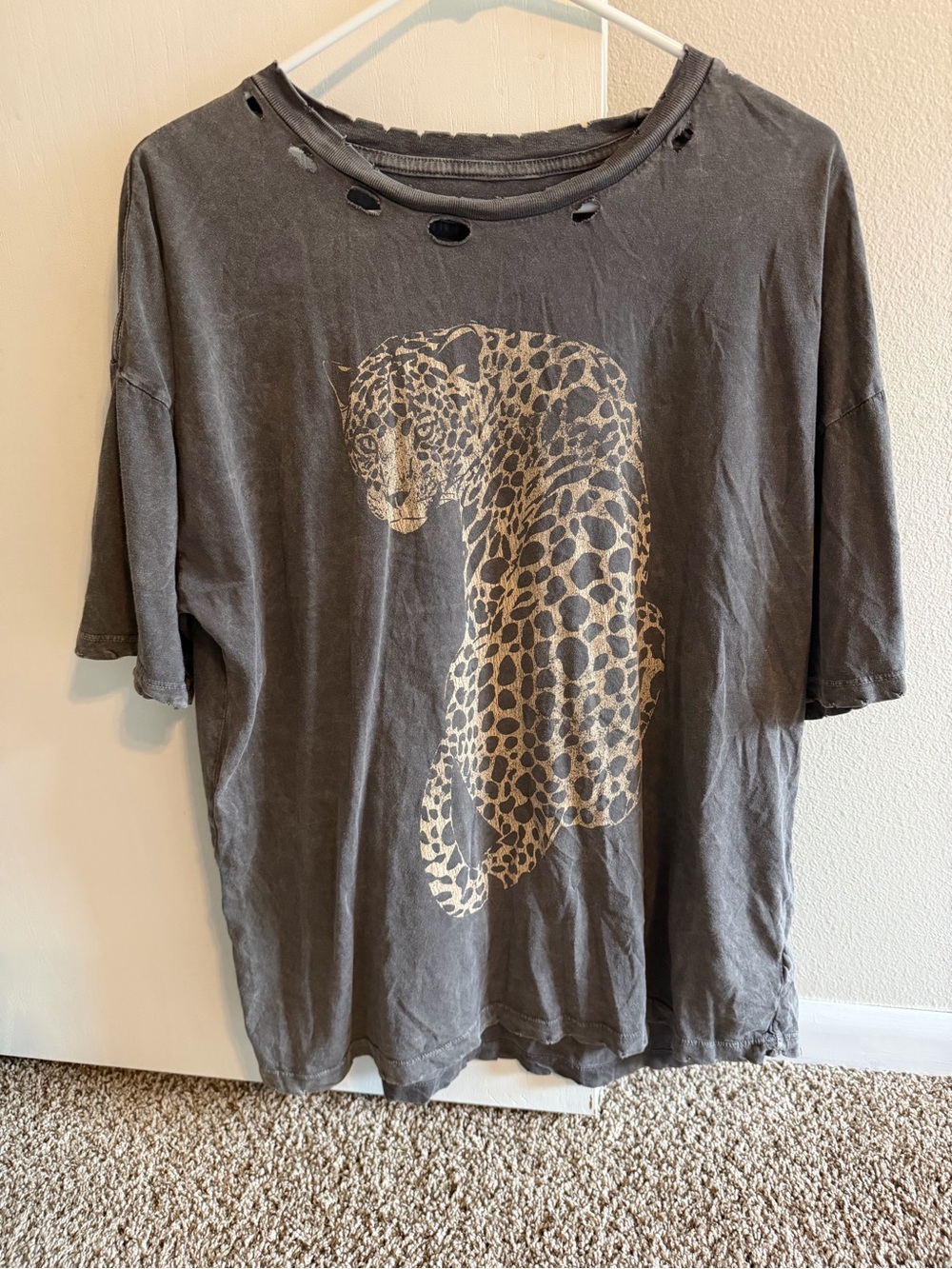 Free People Distressed Charcoal Tee with Cream Leopard Print